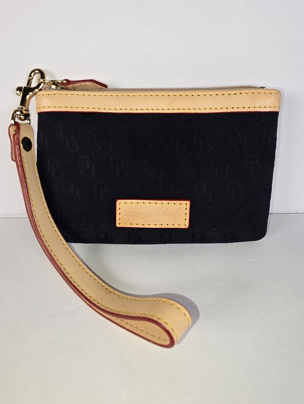 Dooney & Bourke Black Signature Print Canvas Leather Trim Pouch Wristlet Purse